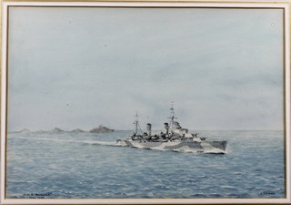 E Tuffnell, a 20th Century watercolour on paper, study of HMS Aurora, November 1942 with subsidiary vessels in the  background 9.75"h x 14.3"w