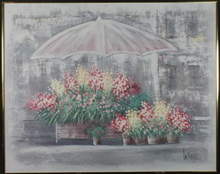Lee Reynolds, a 20th Century American School acrylic on  canvas, study of a flower stall, signed, 39.25"h x 49.5"w