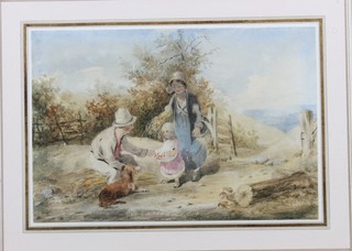 After Richard Doyle, late 19th Century watercolour on paper, study of pastoral figures picking flowers 5.57" x 8.75", unsigned