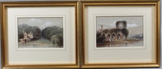 In the style of Alfred Frank De Pradas, watercolour on paper, study of young women visiting an abbey ruin, 3.75 x 5.75  together with a companion piece, a study of a lakeside house  amongst a wooded landscape 3.75 x 5.5