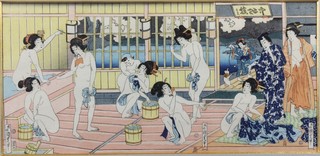 T Kunisada, late 19th/early 20th Century Japanese School, a woodblock print, an interior scene of a geisha wash room, signed  6.75" x 14"