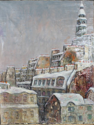 A mid 20th Century oil on canvas, a snowy Parisian landscape of Montmartre, unsigned 46.5" x 35"