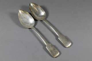 A pair of Victorian silver fiddle pattern table spoons, Newcastle 1879 , 4 ozs