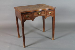 A George III North Country oak side table, mahogany cross  banded, fitted 3 frieze drawers with apron below, raised on   square tapered legs 29"h x 29"w x 21"d