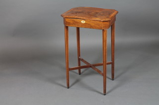 A late George III mahogany work table, walnut and satinwood crossbanded with hinged octagonal top, raised on square tapered  legs united by an X stretcher 30"h x 18.5"w x 14"d