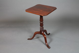 A 19th Century mahogany tilt top occasional table, having canted square top on a turned column support, tripod base, 27.5"h x  18"w x 18"d