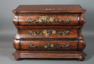 A late 18th Century style Dutch stained beechwood bombe commode, floral painted with roses, fitted 3 long drawers raised  on a moulded plinth base and flattened bun feet 34"h x 46"w x  20"d