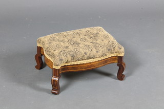 A late 19th Century French walnut footstool, boxwood line  inlaid, having foliate upholstered top, raised on square scrolled  legs 7"h x 14.5"w x 11"d