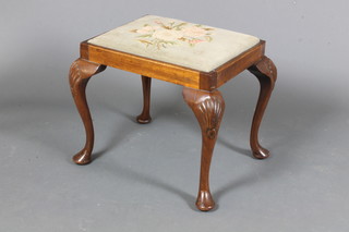 A mid 18th Century style mahogany dressing stool, having foliate  wool work upholstered drop-in seat, raised on shell carved  cabriole legs, pad feet 18.5"h x 22"w x 18"d