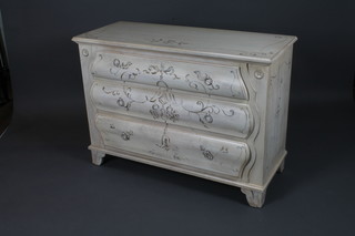 Ethan Allen, USA. A 19th Century Biedermeire style painted  commode fitted 3 long drawers raised on shaped bracket feet,  32"h x 45"w x 18"d