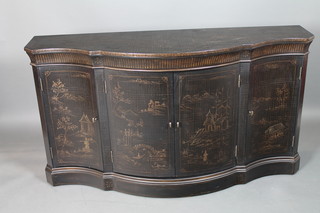 A Ethan Allen, USA. A 19th Century style black lacquered  serpentine side cabinet, parcel gilded, decorated with chinoiserie  panels of figures amongst stylised landscapes, fitted 4 cupboard  doors enclosing shelves on plinth base 35.5"h x 64"w x 19"d