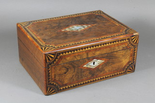 A 19th Century walnut work box, the hinged top decorated with  specimen parquetry and centred with an abalone shell lozenge 5"h  x 12"w x 9"d