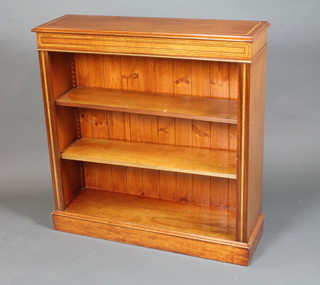 A George III style mahogany open low bookcase, satinwood crossbanded and ebony line inlaid, fitted 2 adjustable shelves,  raised on plinth base, 39.5"h x 34"w x 12"d