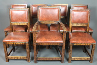 G Smerdon & Sons, Westcliff on Sea, a set of 7 1930's oak  dining chairs, 1 having arms, with brown leatherette studded  upholstery and foliate relief carved decoration, raised on  chamfered legs