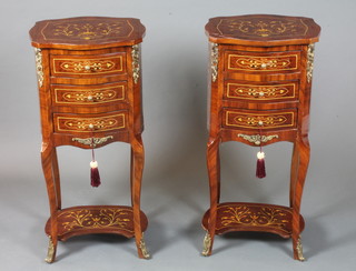 A pair of Louis XV style burr walnut table en chiffoniere, crossbanded and gilt metal mounted, fitted 3 small drawers with  foliate painted decoration, raised on square cabriole legs,