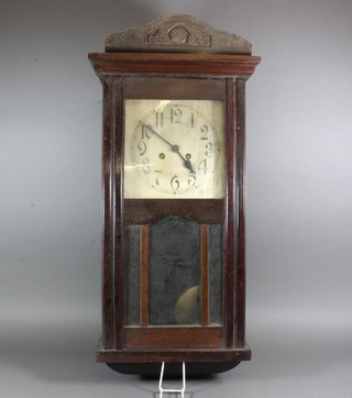 A 1920's wall clock having a stained beechwood case and Arabic  breguet dial, set 8 day 2 train movement chiming gong, 29"h x  14"w x 7"d