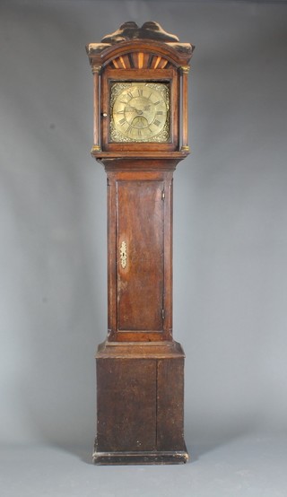 David Philip, an early 18th Century oak longcase clock, having 11" square brass dial, Arabic and Roman chapter ring and date  aperture, set 30 hour two train anchor movement striking bell.  The case with shaped pediment above a parquetry frieze and  column supports, the trunk door flanked by chamfered corners  above a box base and plinth, 80"h x 20"w x 11"d