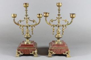 A pair of gilt metal and red marble 3 light candelabrum, missing  4 sconces, 12"