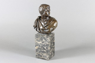 A classic style bronze portrait bust of Caesar, on a marble base  10"