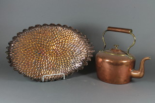 An oval embossed copper tray 16" and a Victorian oval copper  kettle
