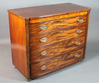 A George IV mahogany bow front chest fitted 4 graduated long  drawers flanked by pilasters, raised on bun feet, altered 38.5"h x  47"w x 23"d