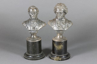 A spelter head and shoulders portrait bust of Wagner and a do. Beethoven, raised on socle marble bases 8"