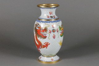 A Japanese white glazed cloisonne enamelled club shaped vase  decorated a dragon 8"