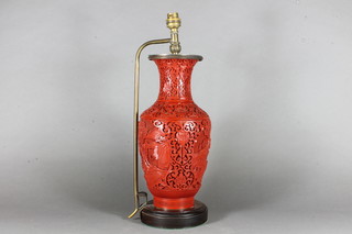 An 18th Century style cinnabar lacquer club shaped table lamp  13"