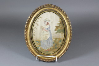 An 18th/19th Century silk stitch work picture of a bonnetted lady 8.5"