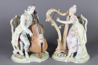 2 biscuit porcelain figures of lady harpist and gentleman cellist, harp missing strings and cellist missing bow, 9"