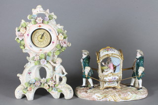 A Continental biscuit porcelain sedan chair 8" and a Continental porcelain floral encrusted clock case 10"