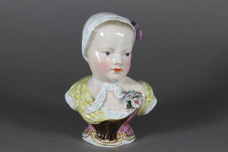 A 19th Century Meissen porcelain head and shoulders portrait  bust of a bonnetted young girl, base incised 2764 5.5", ribbon to  hair f,  ILLUSTRATED