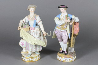 A pair of "Meissen" porcelain figures of lady and gentleman gardener, the base with crossed swords mark and incised 68122  7", scythe restored,  ILLUSTRATED