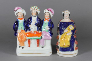 A Staffordshire figure of a seated Queen Victorian and child 6" and 1 other of 3 seated gentleman 7"
