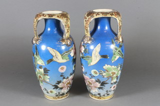A pair of 19th Century Japanese Satsuma blue ground vases  decorated birds 9"