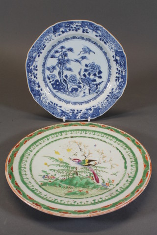 An 18th Century Chinese blue and white pattern plate decorated  a stork 9" together with a late 19th Century Canton famille vert  porcelain plate 10"