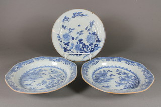 A pair of early 19th Century Chinese blue and white porcelain  dishes 8.5" - cracked and 1 other 9"