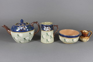 A Victorian stoneware 3 piece tea service comprising teapot, sugar bowl and cream jug and salt glazed jug with vineous  decoration 2"