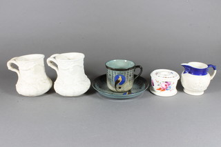 2 19th Century biscuit porcelain tankards with vinery decoration,  a jug 3", a Doulton Titanian cup and saucer and a 19th Century  porcelain inkwell