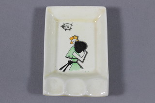 A Clarice Cliff rectangular pottery ashtray decorated a lady with  fan 3"