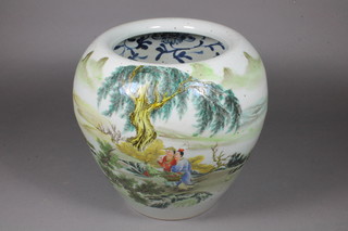 A Chinese porcelain vase of decorated in the Republican style of peasants amongst a rural landscape and with underglaze blue  foliate decoration to interior, bears 6 character mark to base  9.75"h, 10"diam.  ILLUSTRATED