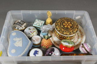 A Caithness moon crystal paperweight, a Wedgwood Jasperware  heart shaped trinket box and cover, a Herend Hvngary figure of an elephant on ball 2.5" and various enamel trinket boxes