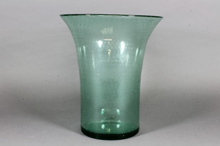 A green bubble glass trumpet shaped vase 12"