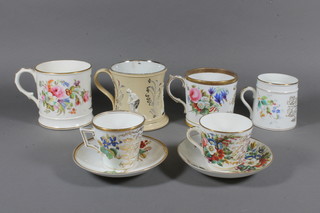 A circular Victorian porcelain mug with floral decoration marked 1859, a similar mug marked Harold Booth born October  18th 1898, porcelain mug with floral decoration dated 1866, 2  porcelain cups and saucers marked presented to J M Williamson  September 21st 1859 and 1 other mug decorated a cricketer