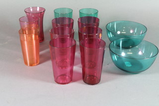 7 cranberry beakers, 2 green glass beakers and 2 do. fingers  bowls