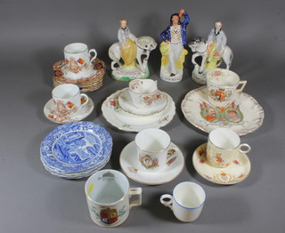 A reproduction Staffordshire figure Jack Tarr 9", do. Prince and  Prince and Princess 8" and a collection of Coronation Jubilee  mugs, 6 Copeland Spode Italian pattern blue and white plates  6.5", 7 Derby style pattern plates 6"