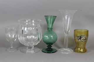 A Bohemian amber etched glass vase, a blown glass vase etc