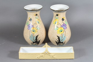 A Victorian rectangular basket work dish and a pair of Thomas Forrester Poppy decorated vases 9"