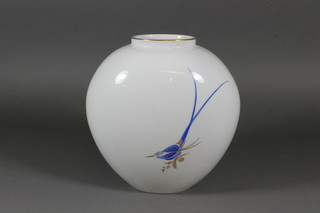 A mid 20th Century German School, KPM hard paste porcelain pilgrims vase decorated stylised birds 9"