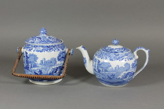 A Copeland Spode Italian pattern blue and white bullet shaped  teapot together with a matching biscuit barrel and cover